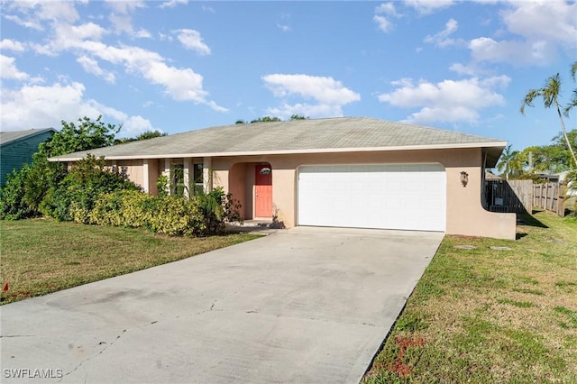 ranch-style house with a front lawn, a garage, driveway, and stucco siding