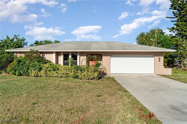 single story home featuring stucco siding, driveway, an attached garage, and a front yard