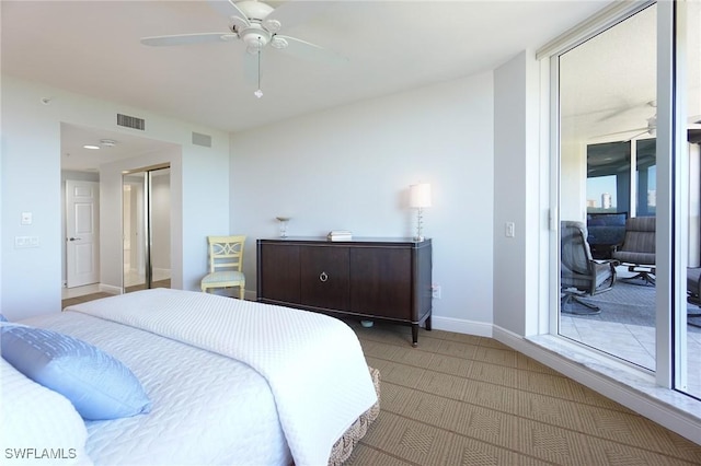 bedroom with ceiling fan, baseboards, visible vents, and light carpet