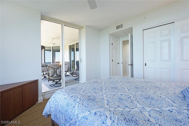 bedroom featuring visible vents, ceiling fan, carpet, and access to outside