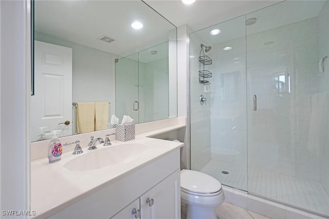 full bath featuring visible vents, a shower stall, and toilet