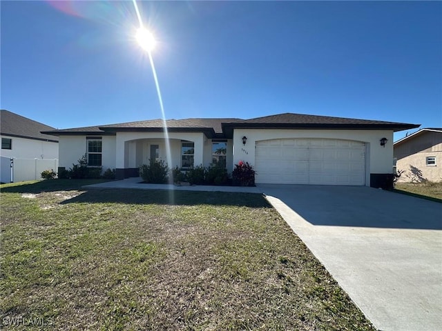 ranch-style house with a front lawn, fence, stucco siding, a garage, and driveway