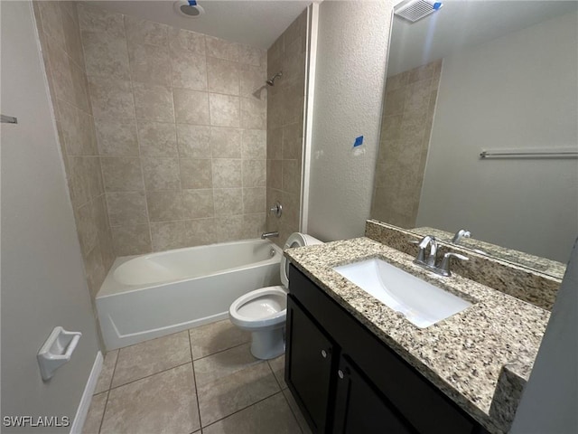 full bathroom featuring vanity, visible vents, tile patterned flooring, bathtub / shower combination, and toilet