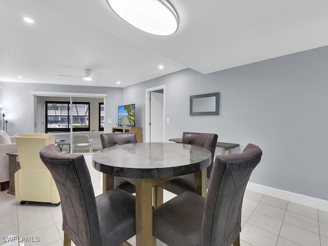 dining area with recessed lighting, baseboards, light tile patterned flooring, and ceiling fan