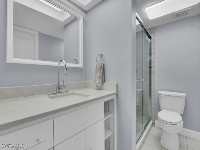 bathroom featuring vanity, visible vents, a stall shower, tile patterned floors, and toilet