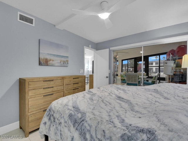 bedroom with visible vents, access to outside, light tile patterned floors, baseboards, and ceiling fan