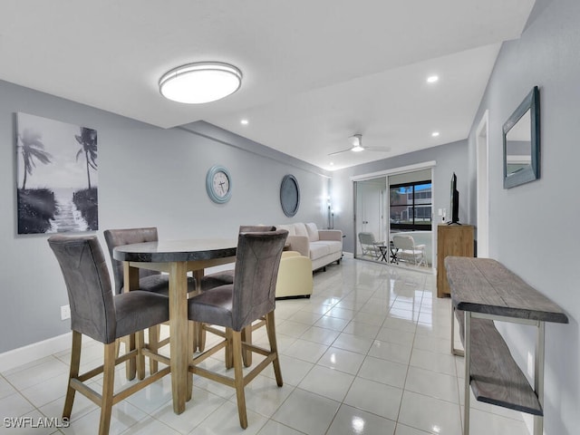 dining space featuring light tile patterned floors, baseboards, recessed lighting, and a ceiling fan