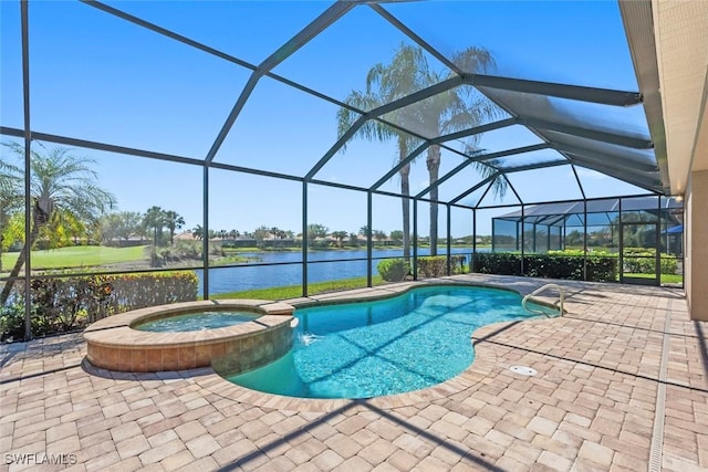 view of pool with glass enclosure, a water view, and a patio area