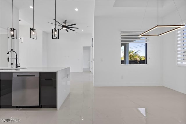 bar with a sink, recessed lighting, ceiling fan, and stainless steel dishwasher