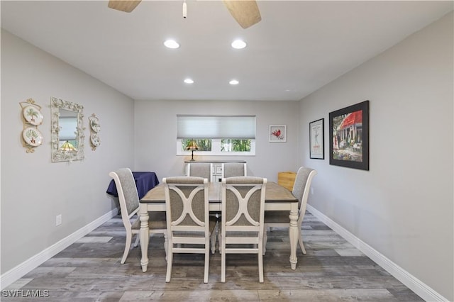 dining space featuring recessed lighting, baseboards, wood finished floors, and a ceiling fan