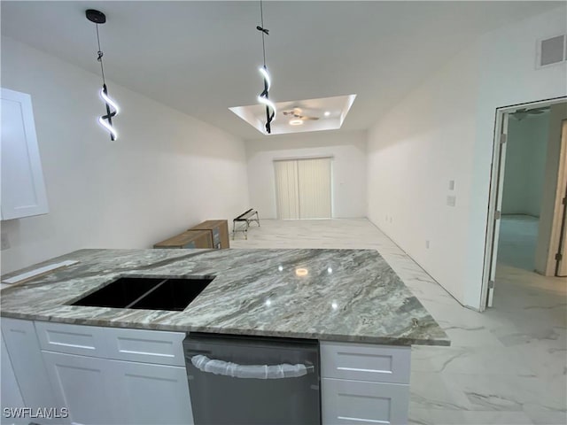 kitchen featuring visible vents, light stone countertops, dishwasher, marble finish floor, and white cabinetry