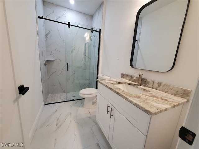 full bathroom featuring a marble finish shower, marble finish floor, vanity, and toilet