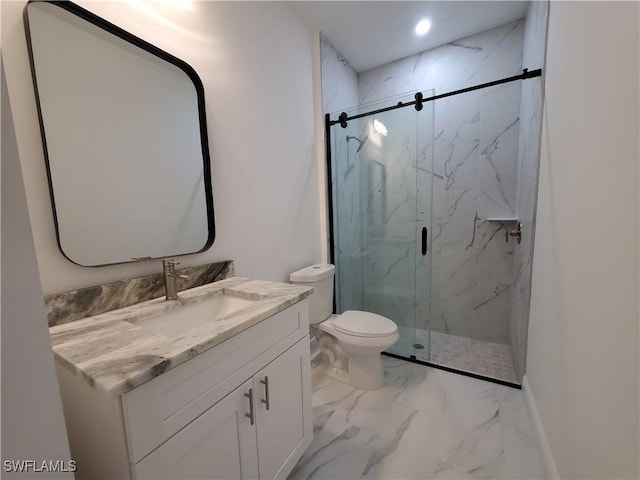 full bathroom featuring a marble finish shower, toilet, recessed lighting, marble finish floor, and vanity