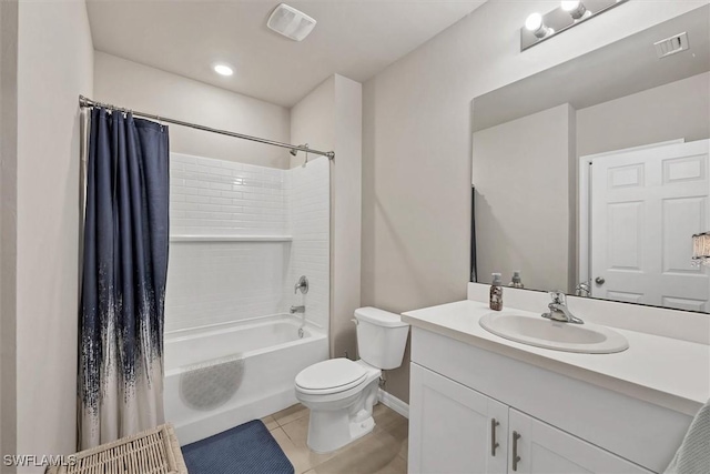 bathroom featuring vanity, visible vents, tile patterned floors, toilet, and shower / tub combo with curtain