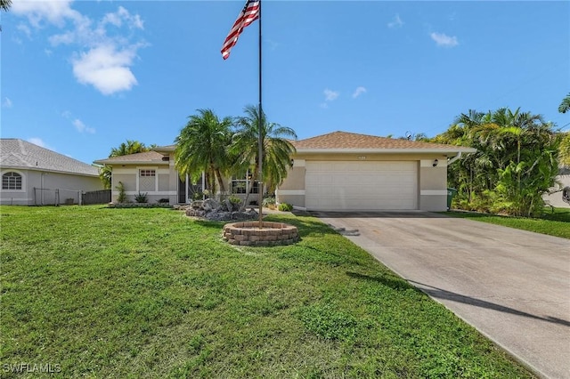 view of front of house with stucco siding, a front lawn, fence, concrete driveway, and a garage