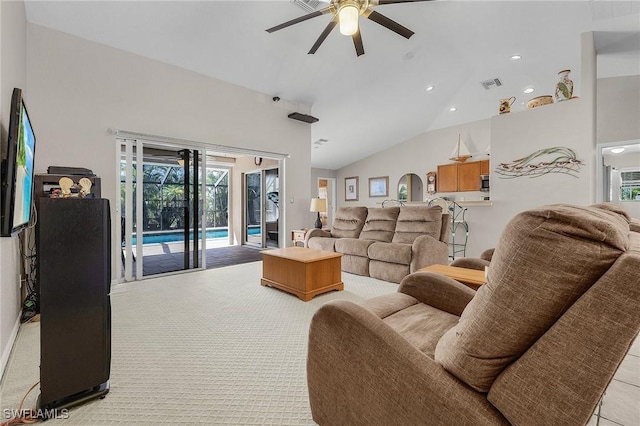 living room featuring recessed lighting, visible vents, high vaulted ceiling, and ceiling fan