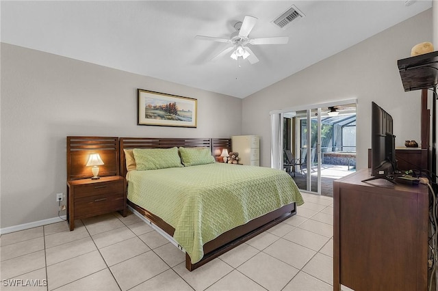 bedroom with visible vents, ceiling fan, light tile patterned floors, lofted ceiling, and access to exterior