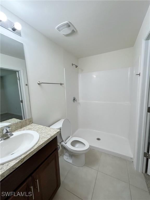 full bath featuring tile patterned floors, visible vents, toilet, a shower, and vanity