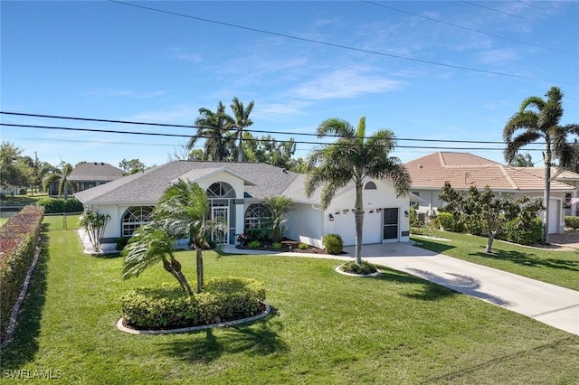 mediterranean / spanish home with concrete driveway, a front yard, and stucco siding