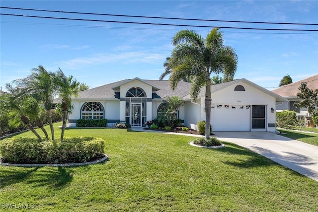 ranch-style home featuring stucco siding, a front lawn, concrete driveway, and an attached garage