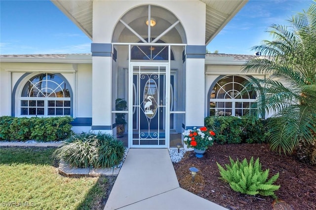 doorway to property with stucco siding