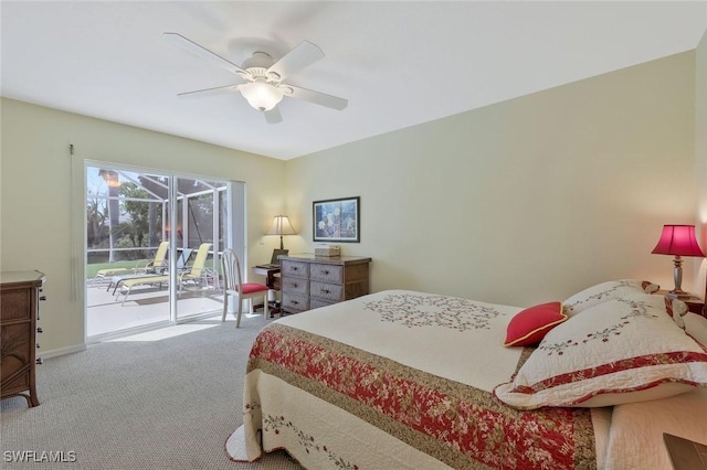 bedroom with a ceiling fan, access to exterior, carpet, and baseboards