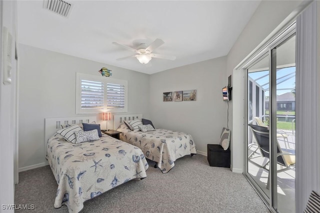 bedroom featuring a ceiling fan, baseboards, visible vents, access to exterior, and carpet flooring