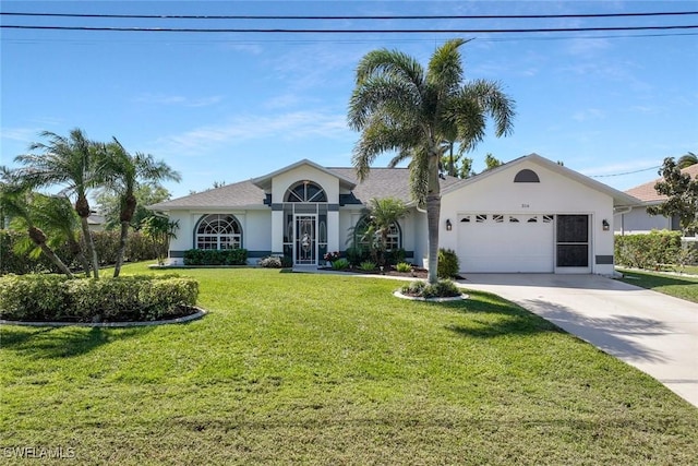 single story home featuring a front yard, a garage, driveway, and stucco siding