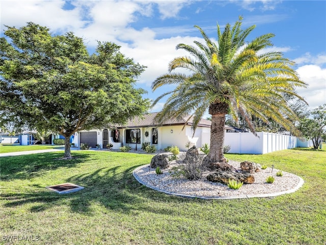 view of yard featuring a garage and fence