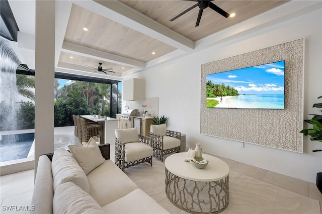 living room with light tile patterned floors, a ceiling fan, recessed lighting, wood ceiling, and beamed ceiling