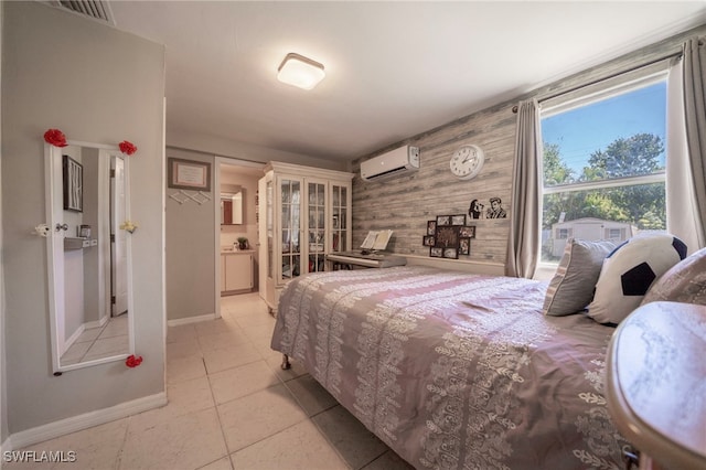1862 Moreno Ave, Fort Myers, FL 33901 - bedroom with visible vents, a wall mounted AC, wood walls, light tile patterned flooring, and baseboards
