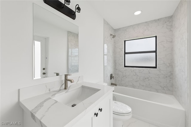 full bathroom with marble finish floor, vanity, toilet, and shower / bathtub combination