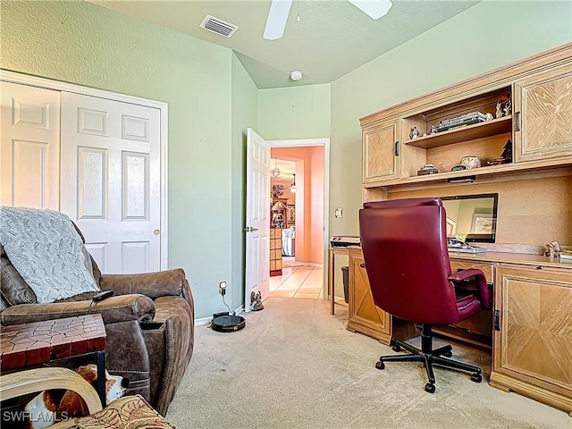2030 Rio Nuevo Dr, North Fort Myers, FL 33917 - home office featuring light carpet, ceiling fan, and baseboards