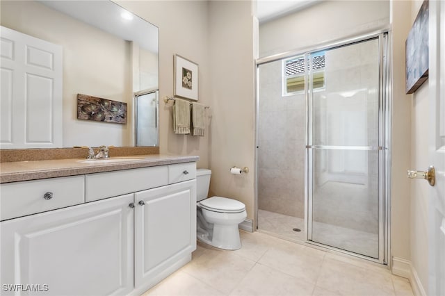 bathroom with a shower stall, toilet, and vanity