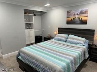 tiled bedroom with crown molding, recessed lighting, and baseboards