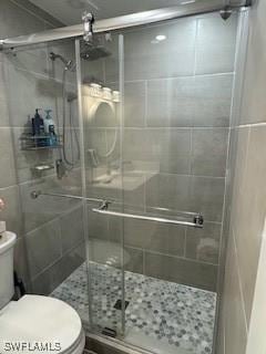 full bath featuring a stall shower and toilet