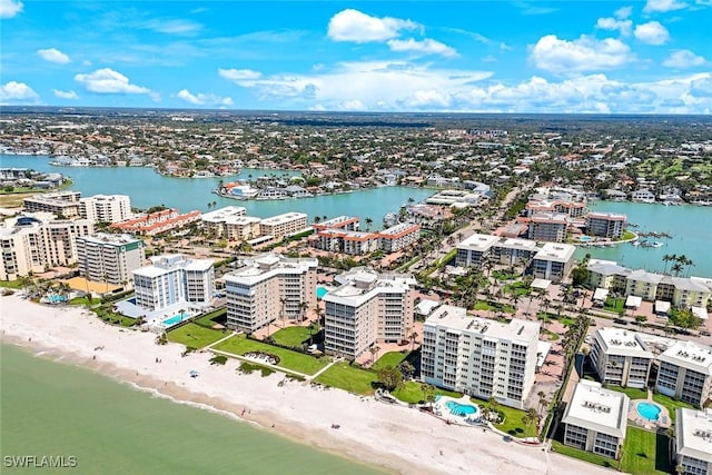 drone / aerial view with a water view and a city view