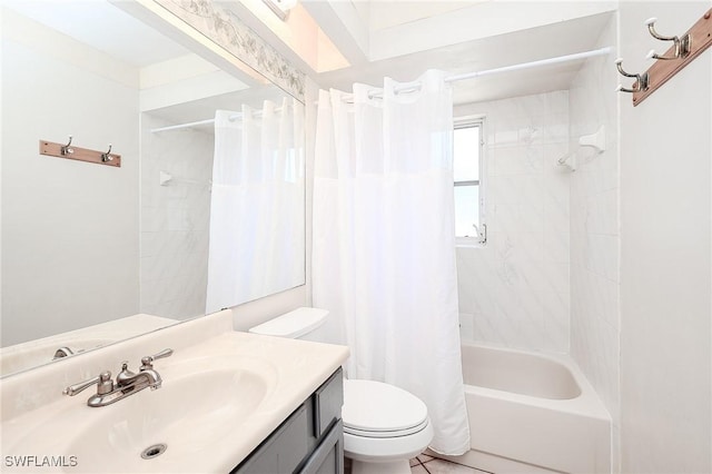 bathroom featuring toilet, vanity, and shower / bathtub combination with curtain