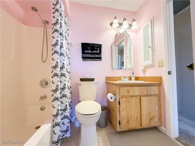 bathroom with tile patterned floors, vanity, toilet, and shower / tub combo with curtain