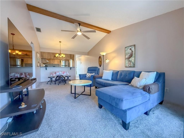 living area featuring visible vents, light colored carpet, beam ceiling, ceiling fan with notable chandelier, and high vaulted ceiling