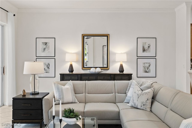 living room featuring crown molding and light tile patterned floors