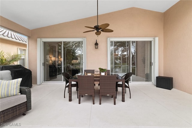 view of patio / terrace featuring outdoor dining area, a ceiling fan, and a grill