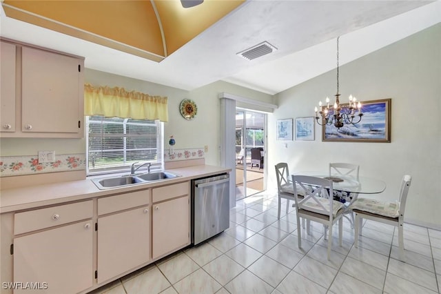 kitchen with visible vents, a sink, light countertops, lofted ceiling, and dishwasher