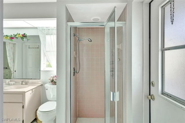 full bathroom with vanity, a shower stall, and a wealth of natural light