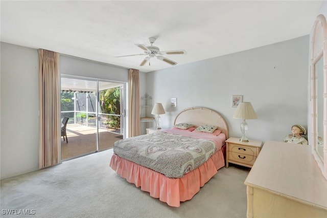 bedroom featuring ceiling fan, access to outside, and light carpet