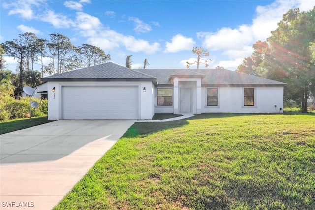 ranch-style house featuring stucco siding, roof with shingles, concrete driveway, a front yard, and an attached garage