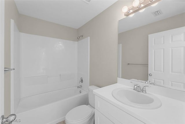 bathroom with vanity, shower / bathing tub combination, toilet, and visible vents