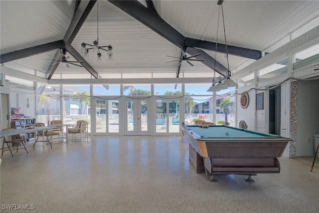 game room with beamed ceiling, speckled floor, a ceiling fan, and billiards