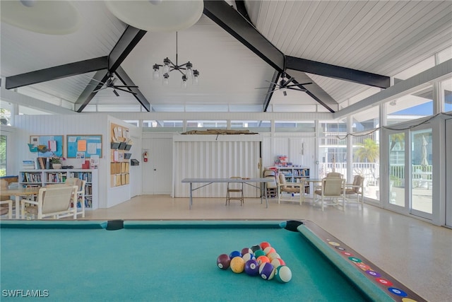 playroom featuring billiards, vaulted ceiling with beams, and a ceiling fan