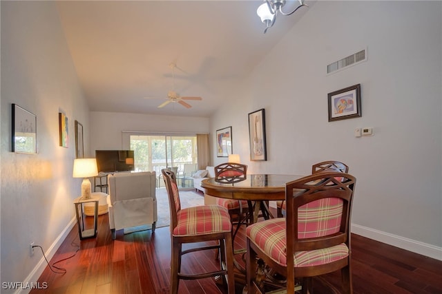 dining space with visible vents, wood-type flooring, baseboards, and ceiling fan